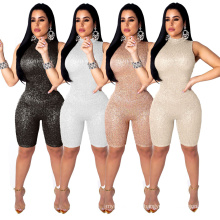 C4734 club wear bodycon sequin shorts tight sexy sleeveless jumpsuit for women